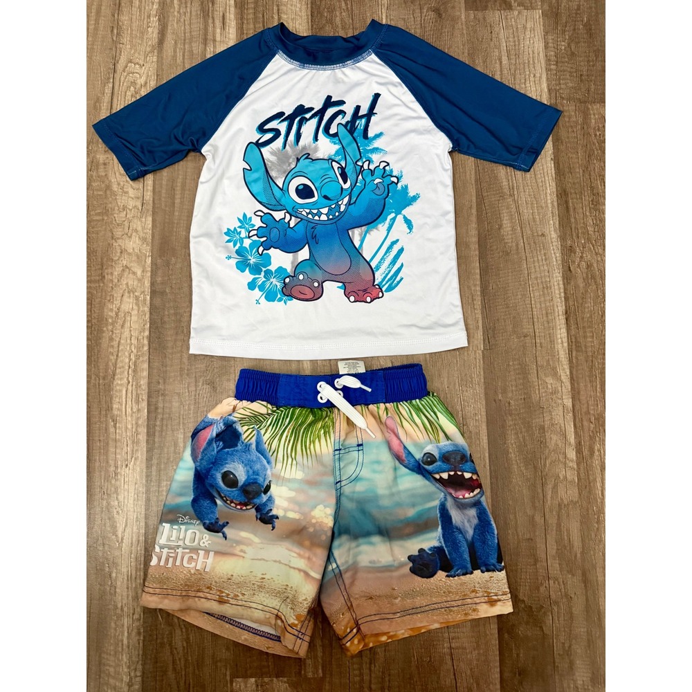 Disney Lilo & Stitch Kids Swim Set Rash Guard & Trunks Blue White Size 4/5